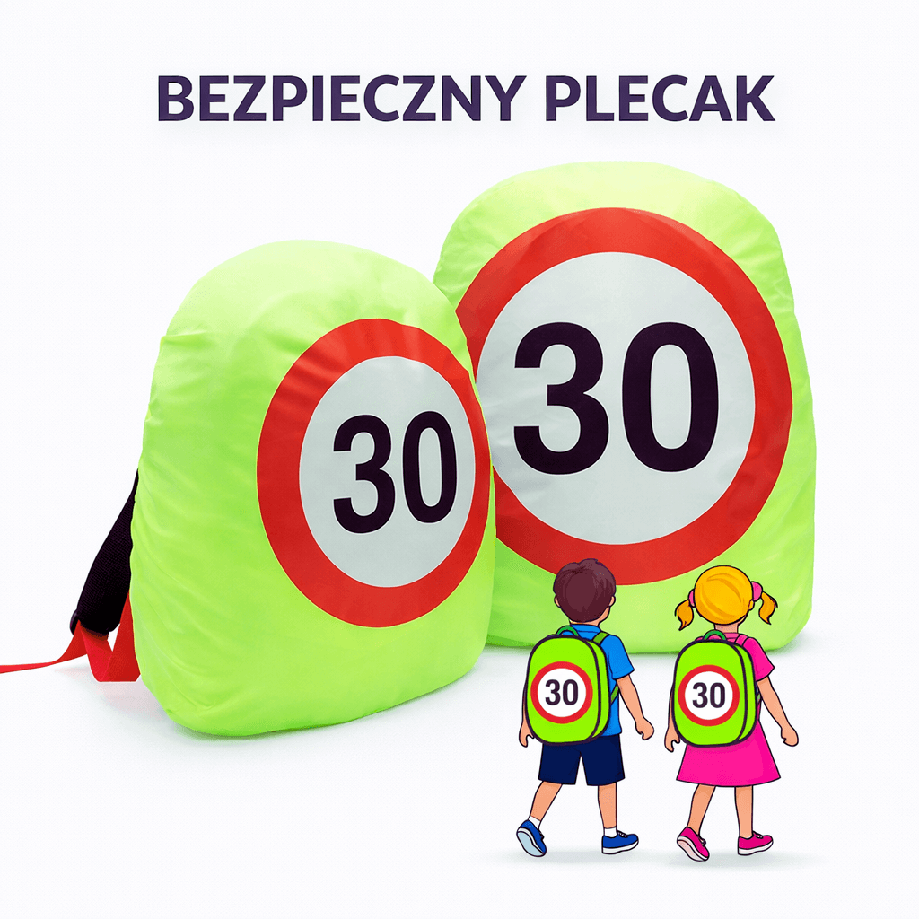 BEZPIECZNY PLECAK – Odblaskowy Pokrowiec Na Plecak Ze Znakiem Ograniczenia Prędkości 30 km/h